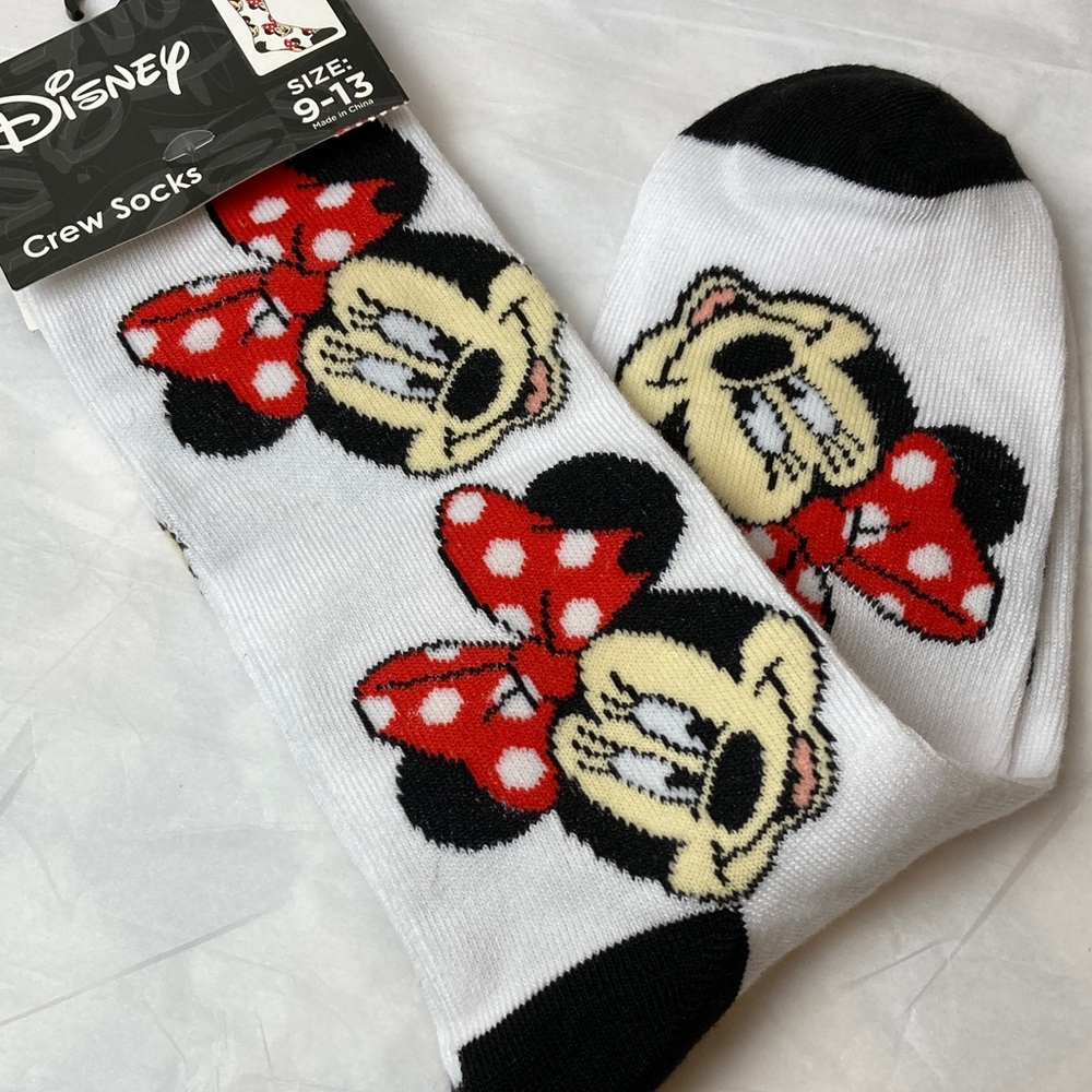 Disney Minnie Mouse Red & Black Big Polka Dot Bow Adult Crew Socks Sz 9-13 New